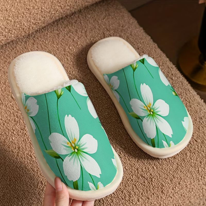 Men'S Shoes Green And White - White Green Blossoms Luxury Plush Slippers